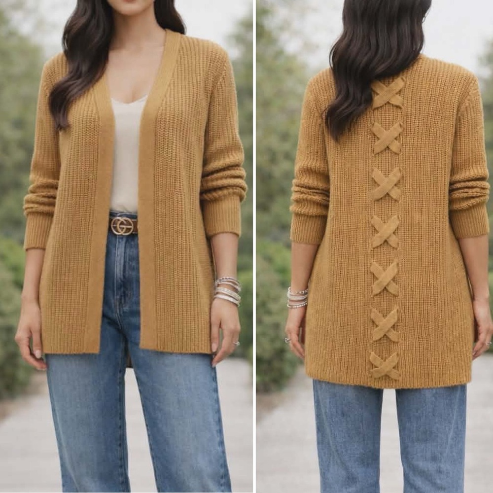EUC.  Medium.  Pinque Lace-Up Back Open Front Cardigan - Sundried Honey
M